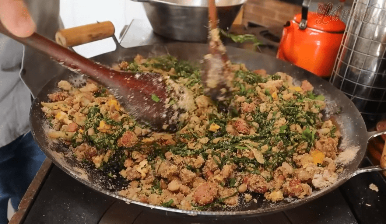 Easy Brazilian feijão tropeiro with collard greens, bacon, sausage, and eggs