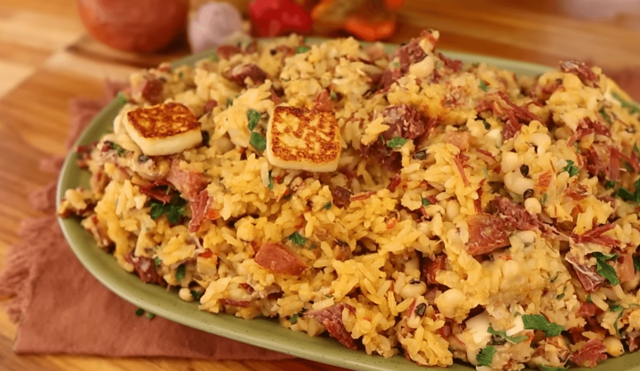 Northeastern Brazilian baião de dois with dried beef and coalho cheese