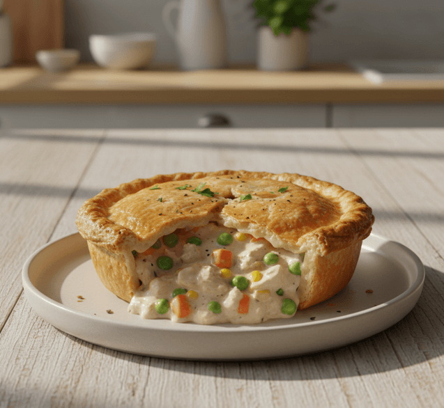 Chicken Pot Pie | Torta de Frango Cremosa servida em prato branco, com crosta dourada e recheio cremoso de frango e legumes, decorada com ervas frescas.