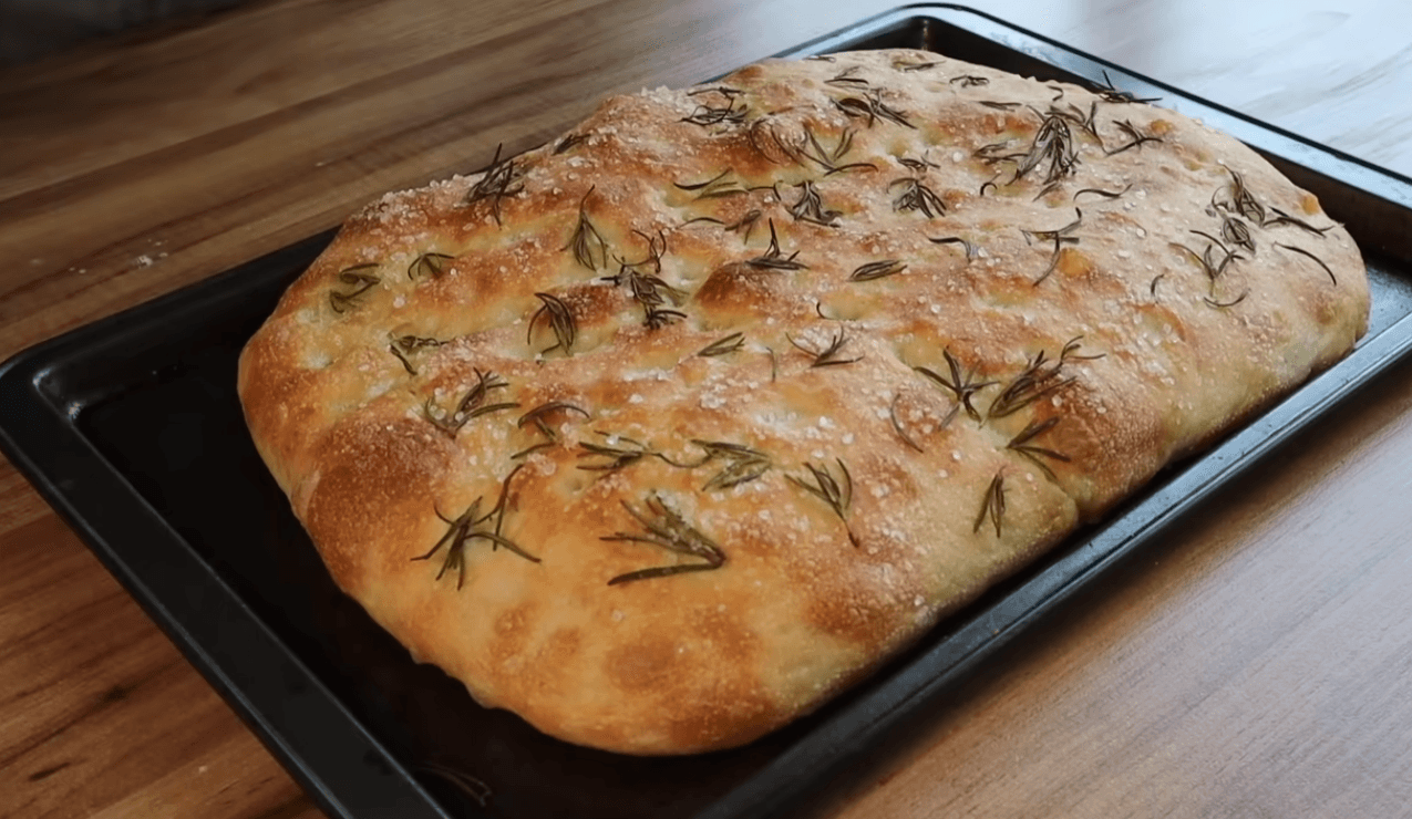 Golden no-knead focaccia with rosemary and olive oil