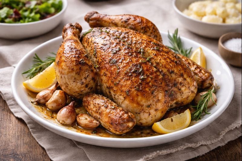 Golden roasted chicken with crispy skin served on a white plate with rosemary, garlic, and lemon, photographed in natural light