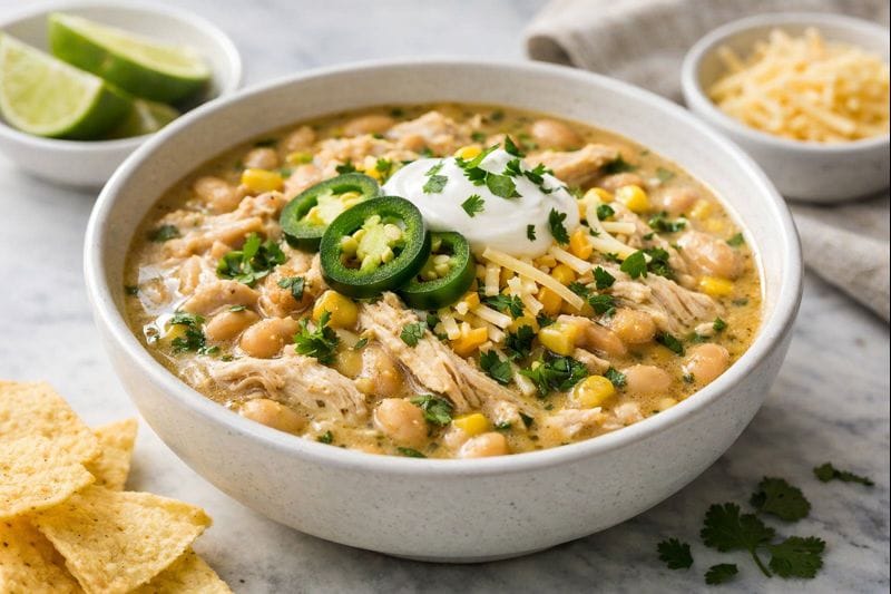 Creamy white chicken chili served in a bowl with shredded chicken, white beans, corn, sour cream, sliced jalapeños, and fresh cilantro