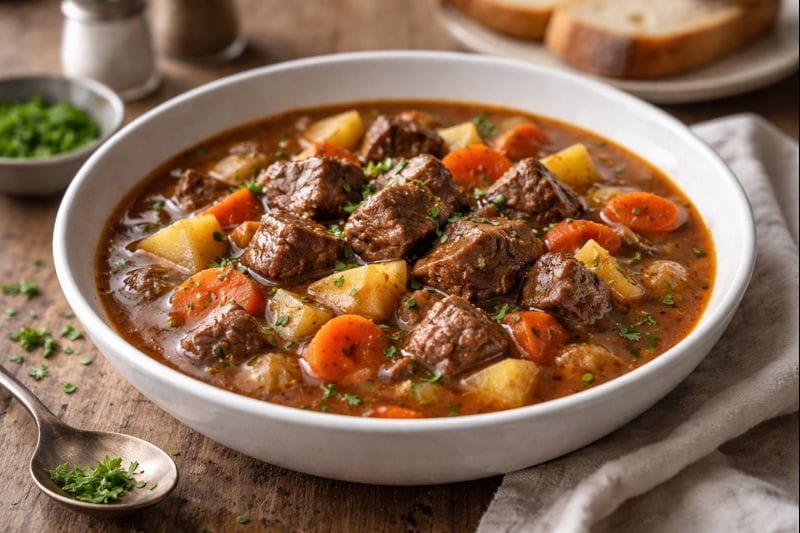 Classic beef stew with tender beef, potatoes, carrots, and rich broth