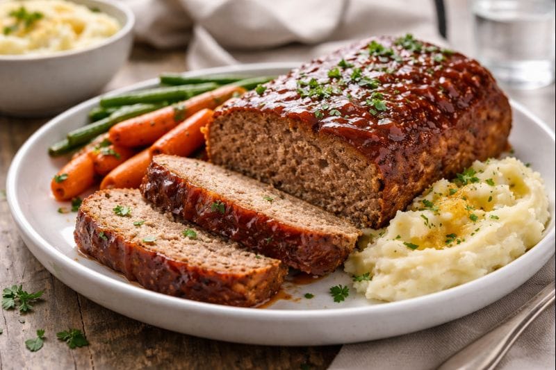 Juicy homemade meatloaf sliced and served with mashed potatoes, roasted carrots, and green beans, garnished with fresh parsley on a white plate, natural lighting, rustic wooden background.