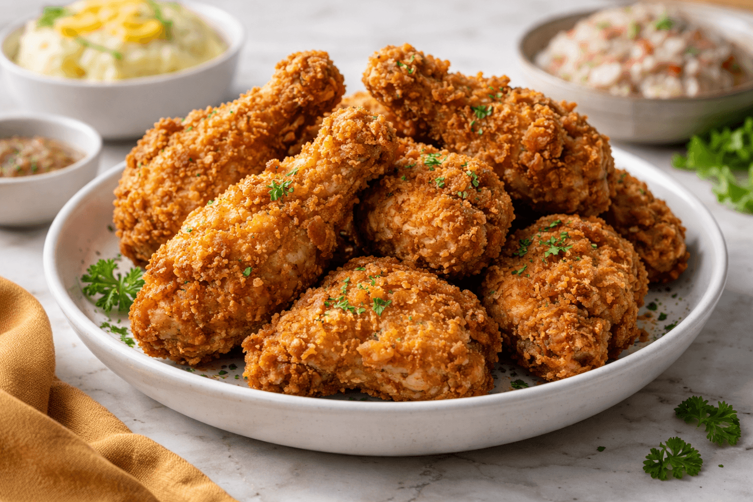 Crispy fried chicken with golden crust served on a plate