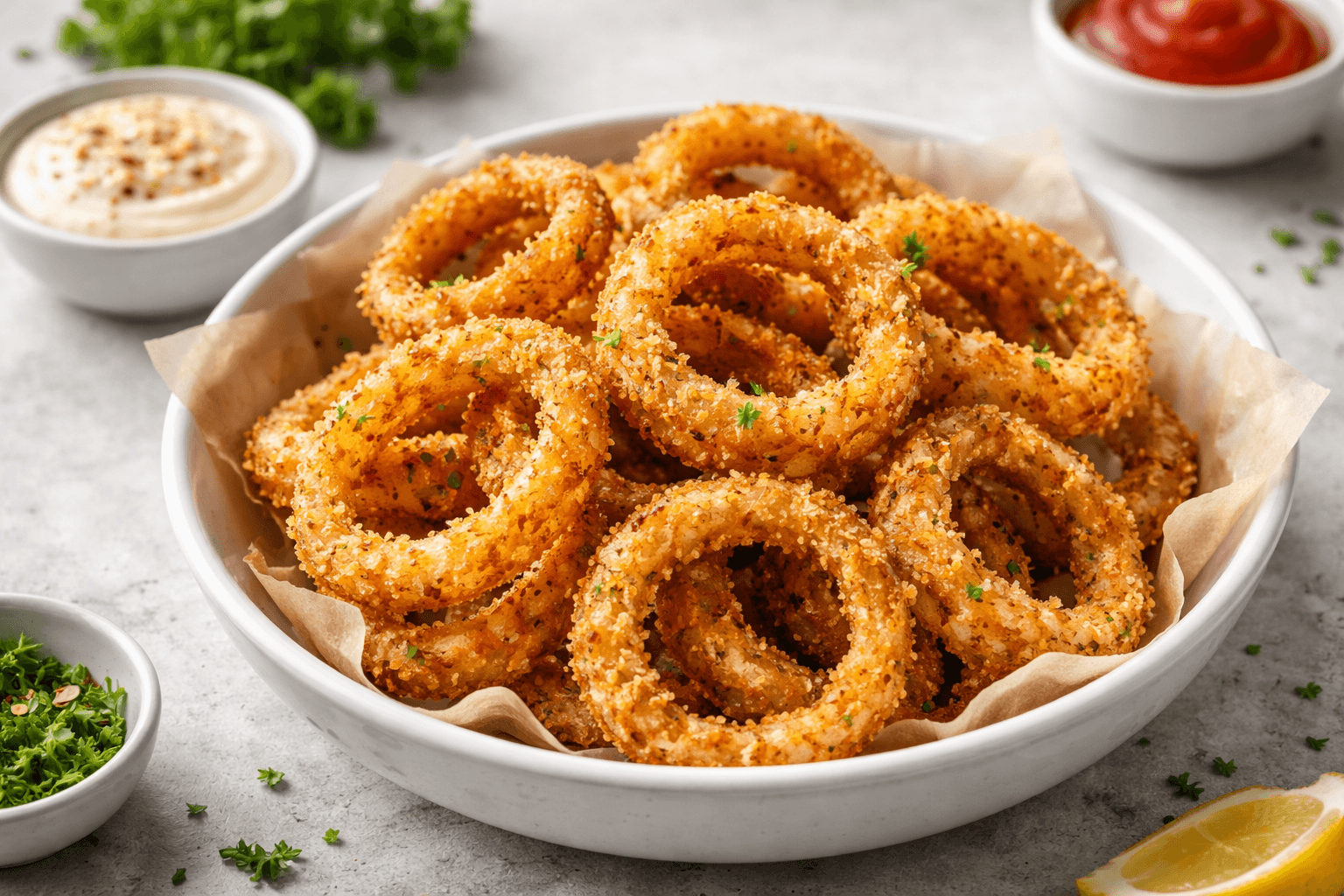Golden and crispy onion ring chips cooked in an air fryer