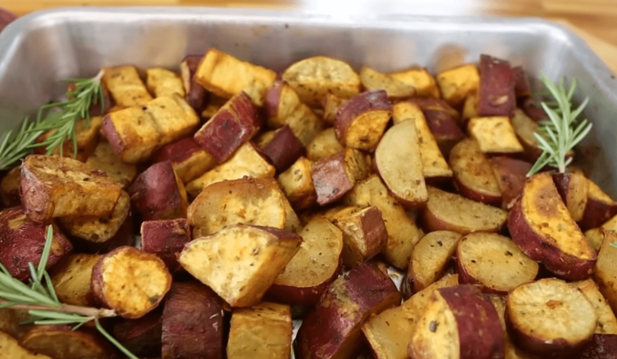 crispy roasted sweet potatoes seasoned with garlic and paprika
